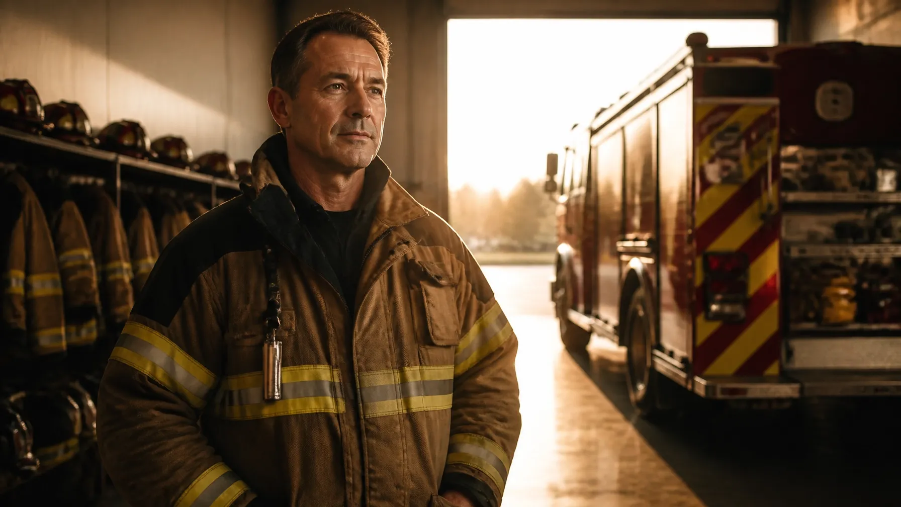 A fire chief standing composed in a sunlit apparatus bay