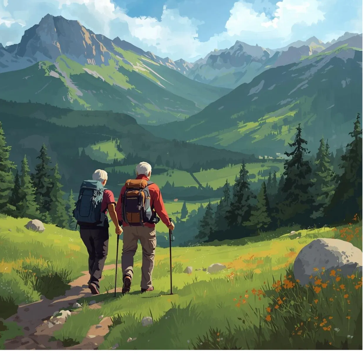 A couple hiking together through a green mountain valley